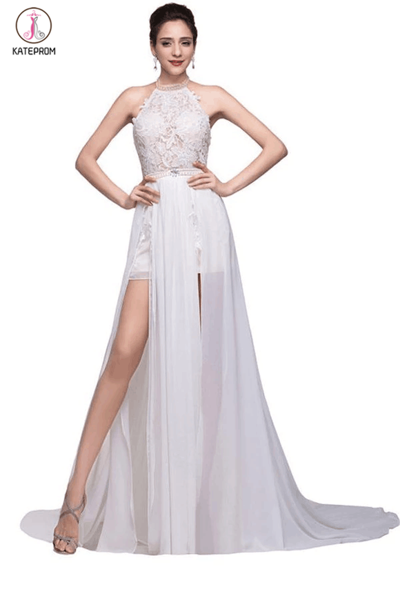 Lace Long Chiffon White Halter Open Back Prom Dresses KPP0022