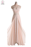 Pink Cap Sleeves Lace Long Beaded Chiffon Prom Dresses KPP0021
