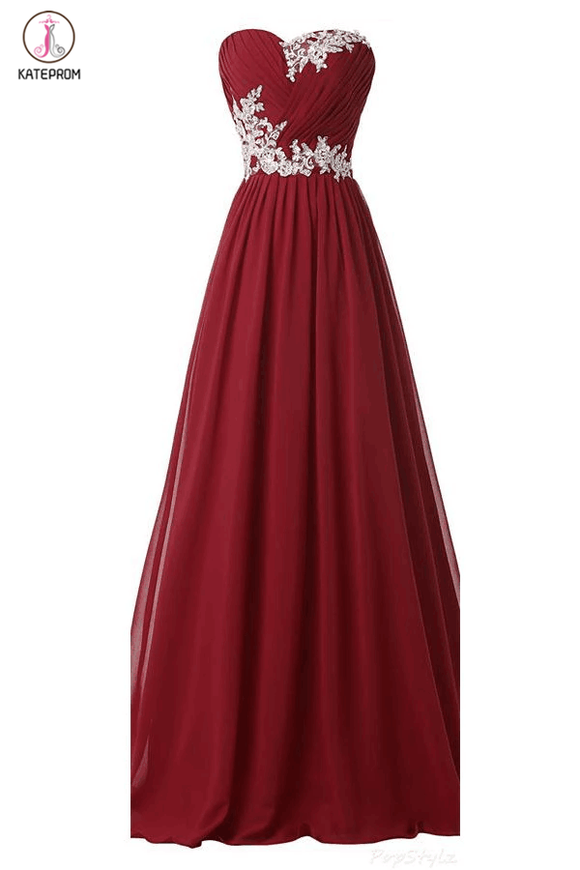 Burgundy Long Beaded Sweetheart Chiffon Lace Prom Dresses KPP0020