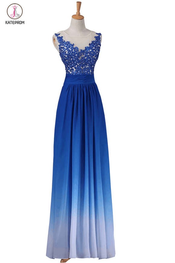 A-line Sleeveless Floor-Length Royal Blue Ombre Chiffon Long Prom Dress with Lace KPP0017