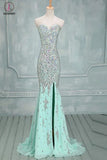Mermaid Beaded Mint Front Split Long Prom Dress Evening Dresses KPP0016