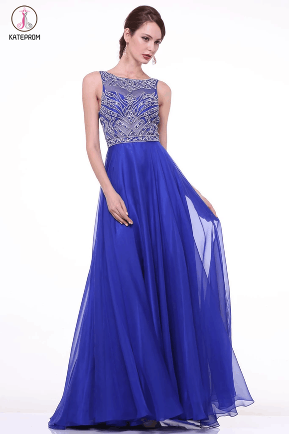 Elegant Royal Blue Long Beaded Cap Sleeves Backless Prom Dresses KPP0053