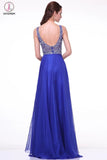 Elegant Royal Blue Long Beaded Cap Sleeves Backless Prom Dresses KPP0053