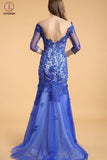Lace V-neck Blue Half Sleeves Backless Long Prom Dresses KPP0049