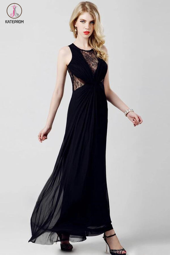 Elegant Chiffon Long Black Lace Simple Prom Dresses KPP0048