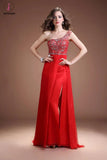 Front Split One Shoulder Red Beaded Open Back Prom Dresses KPP0047