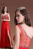 Front Split One Shoulder Red Beaded Open Back Prom Dresses KPP0047