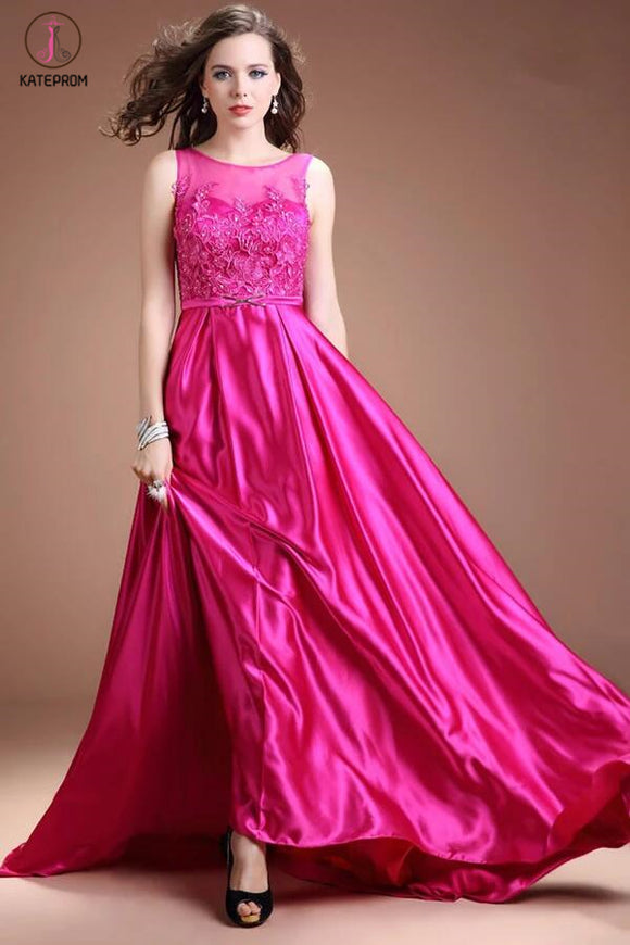 Fuchsia Long Satin Lace Beaded Cap Sleeves Prom Dresses KPP0045