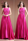 Fuchsia Long Satin Lace Beaded Cap Sleeves Prom Dresses KPP0045