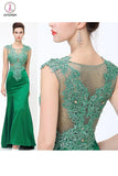Green Lace Beaded See Through Mermaid Sexy Prom Dresses KPP0041