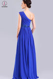 One Shoulder Chiffon Long Royal Blue Simple Prom Dresses KPP0039