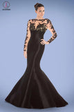 Black Long Sleeves Lace Mermaid Sheath Prom Dresses KPP0055