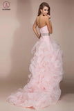 Pink High Low Backless Beaded Short Front Long Back Prom Dresses KPP0057