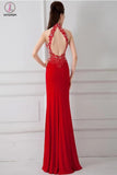 Front Split Sexy Red Beaded Backless Long Prom Dresses KPP0058