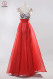 V-neck Beaded Red Long Backless Prom Evening Dresses KPP0062