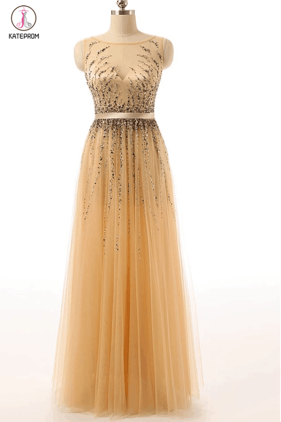 Beaded Gold Long Cap Sleeves Modest Prom Party Dresses KPP0063