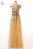 Beaded Gold Long Cap Sleeves Modest Prom Party Dresses KPP0063