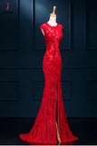 Long Sexy Red Lace See Through Split Mermaid Prom Evening Dresses KPP0064