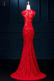 Long Sexy Red Lace See Through Split Mermaid Prom Evening Dresses KPP0064