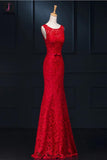Sheath Real Sexy Red Lace Long Mermaid Backless Prom Evening Dresses KPP0066