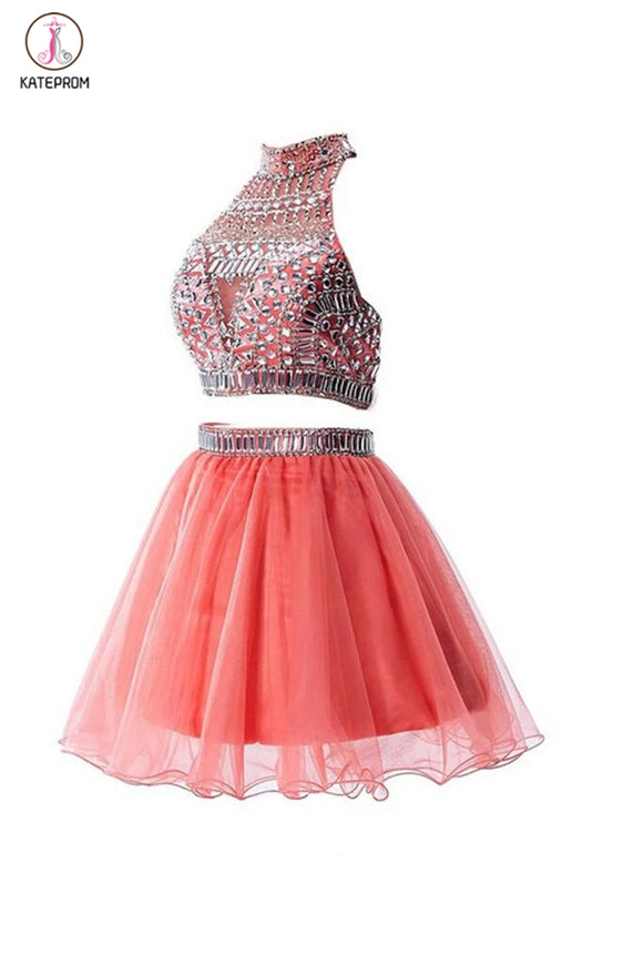Watermelon Two Pieces Backless Short Prom Homecoming Dresses KPH0021