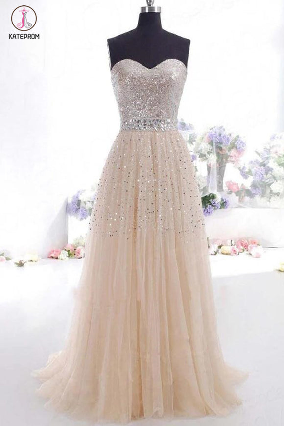 Sexy Strapless Sleeveless Sweetheart Beading Tulle Long Prom Dress KPP0079