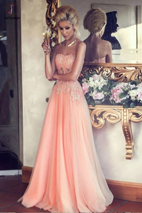 Blush Pink Strapless Long Appliques Prom Dress Evening Dress KPP0095