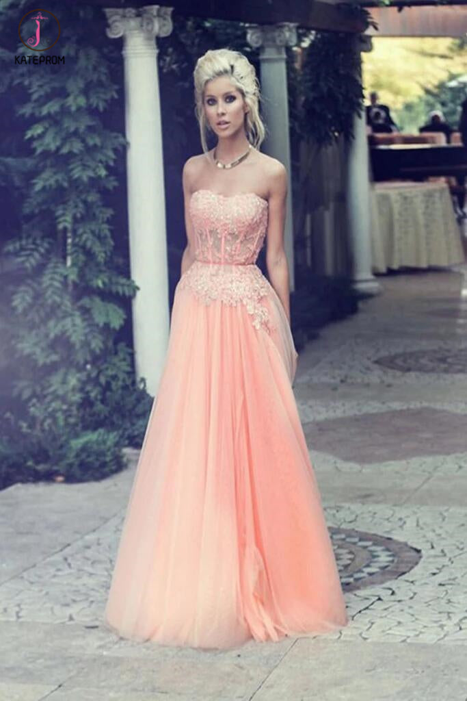 Tank Appliques Sheer Backless Long Ball Gown Prom Dress With Split in Pink main image 1