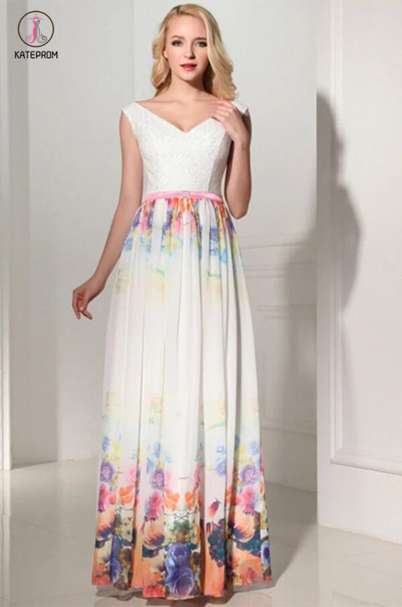 New Arrival Charming Long Printing V-Neck Prom Dress KPP0105