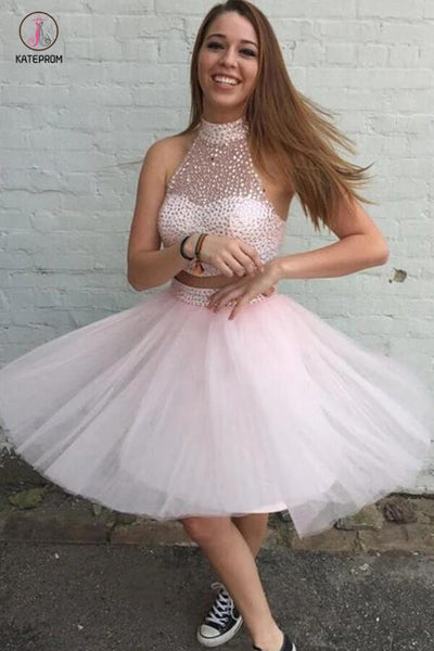Two Pieces Pink Tulle Short Prom Gowns Homecoming Dresses KPH0022  kateprom