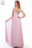 Floor-length Pink Chiffon V-neck Prom Dresses Homecoming Dress KPP0114