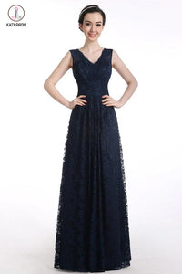 V-neck Lace Straps Navy Blue Long Prom Dress KPP0117