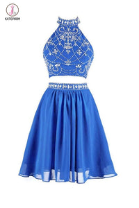 Two-piece High Neck Short Blue Chiffon Prom Dresses Homecoming Dresses KPH0026