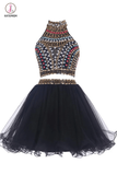 Two-piece High Neck Navy Blue Organza Homecoming/Prom Dresses KPH0027