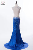 Mermaid V-neck Sequined Backless Prom Dresses Evening Dress KPP0119