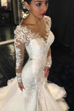 Gorgeous Long Sleeves Mermaid V-neck Wedding Gown,Ivory Bridal Dress With Lace Appliques KPW0035