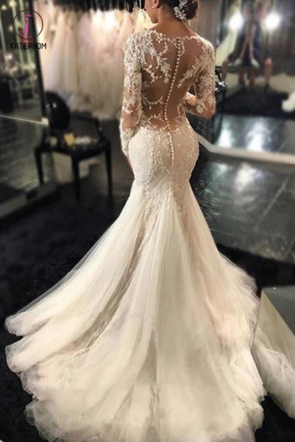 Gorgeous Long Sleeves Mermaid V-neck Wedding Gown,Ivory Bridal Dress W kateprom Gorgeous Long Sleeves Mermaid V-neck Wedding Gown,Ivory Bridal Dress W kateprom
