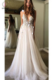 Deep V-neck Beading Prom Dresses,Straps Tulle Appliques A-line Custom Beach Wedding Dress KPW0033