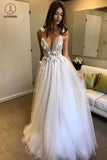 Deep V-neck Beading Prom Dresses,Straps Tulle Appliques A-line Custom Beach Wedding Dress KPW0033