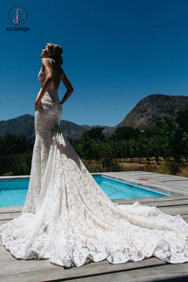 Mermaid Deep V-Neck Beach Wedding Dress,Sleeveless Ruched Lace Bridal   kateprom