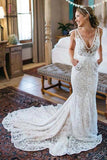 Mermaid Deep V-Neck Beach Wedding Dress,Sleeveless Ruched Lace Bridal Dress KPW0032