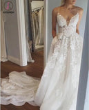 Deep V neck Wedding Dress,Lace Wedding Dress,Spaghetti Straps Beach Wedding Dress KPW0031