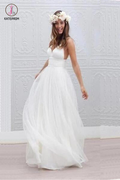 Beach Wedding Dress,Ivory Spaghetti Straps Wedding Gown,V Neck Backless Bridal Dress KPW0029