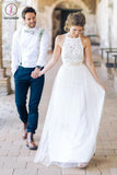 Simple Jewel Sleeveless Wedding Gown,Lace Top Wedding Dress,Tulle Beach Wedding Dress KPW0027
