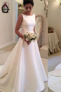 Classic Satin A Line Backless Wedding Dress,Long Backless Wedding Dresses with Bowknot KPW0026