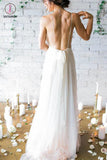 Backless Deep V-neck Sweep Train Beach Wedding Dresses With Straps KPW0025