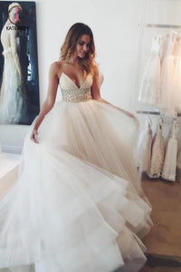 Sexy A-line V-neck Spaghetti Straps Ivory Tulle Wedding Dress,Ball Gowns KPW0024