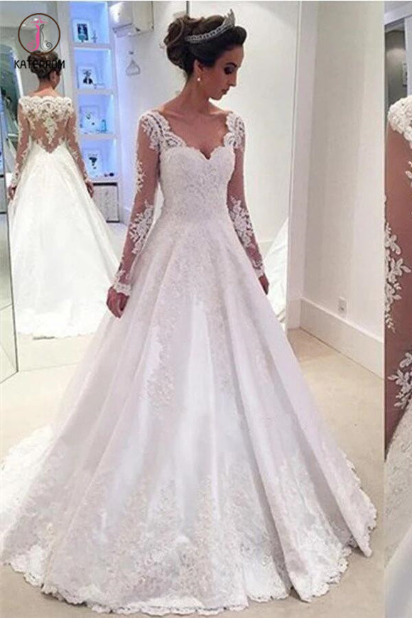 Elegant A-line V Neck Long Sleeves Wedding Dress With Appliques KPW0022