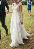 V-neck A-line Cap Sleeves Lace Ivory Chiffon Beach Wedding Dress KPW0019