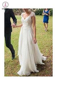 V-neck A-line Cap Sleeves Lace Ivory Chiffon Beach Wedding Dress KPW0019
